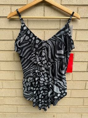 Magic Suit Black White Patterned Rita Ruffle Tankini Bikini Swimsuit Sz 8